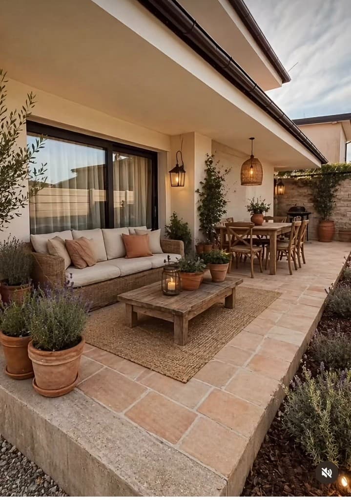 Terrasse aménagée avec salon et salle à manger devant une maison